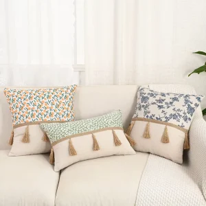 Cross-border Japanese-style Instagram Pastoral Retro Faux-linen Plant-print Macram Hanging Ball Throw Pillow Cushion Cover