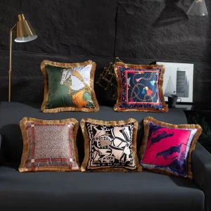 Cross border Light Luxury Square Silk Feel Animal Leopard Print Golden Tassel Customizable Decorative Bedside Sofa Throw Pillow