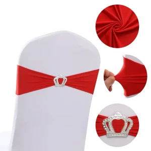 Crown Rhinestone Buckle Chair Bands Stretch Spandex Chair Sashes with Serged Edges for Wedding Event Banquet Hotel Decoration