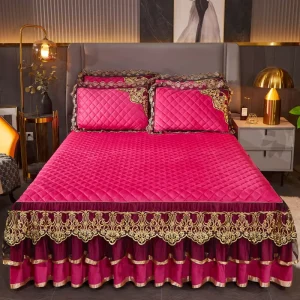 Crystal Velvet Bed Skirt Set with Lace Trim Quilted Look Soft Warm Solid Color Sizes Customization Available