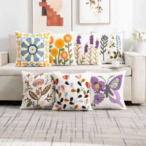 Cushion Cover Boho Farmhouse Embroidery Flowers Jacquard Pillow Cover for Summer Spring Garden