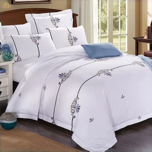 Custom 100% Cotton Bedding Set Embroidered Duvet Cover and Pillowcases in Blue Flowers 4pcs for Hotel