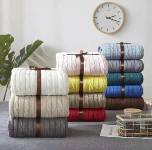 Custom 100% Cotton Cable Knit Throw Blanket Super Soft Warm Solid Color Blanket for Sofa Double Bed Armchair