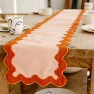 Custom 100% Linen Table Runner with Scallop Edge Jacquard Woven Printed Runner for Home and Wedding Decoration
