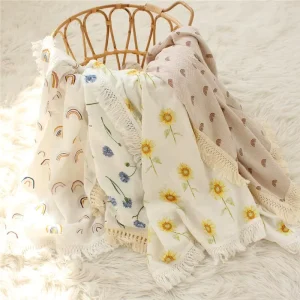 Custom 100% Organic Print Color Cotton 2 Layers Lace Blanket Muslin Baby Bedding Blanket