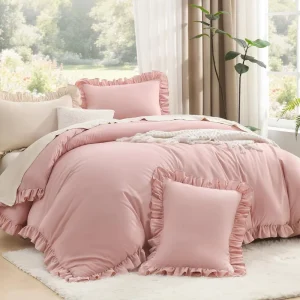 Custom 3 Pieces Pink Ruffle Edge Comforter Set Vintage Shabby Chic Style All Season Soft Breathable for Bedroom Home OEM ODM