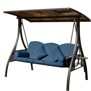 Custom 3-Seater UV Resistant Textilen Patio Swing Chair Flat Tube Metal Hanging Outdoor Porch Swing with Sun Canopy Pillows