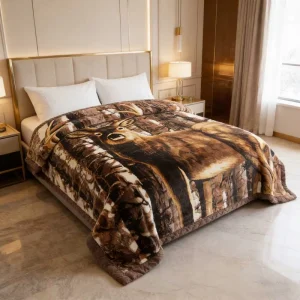 Custom 3D Deer Printed 190x230cm King Size Polyester Warm 3.5KG-7KG Minky Raschel Blanket and Pillow Set