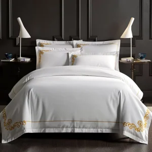 Custom 5 Star Hotel Embroidered Bedding Set Luxury Gold Embroidery Premium Fabric for Bedroom Hotel OEM ODM