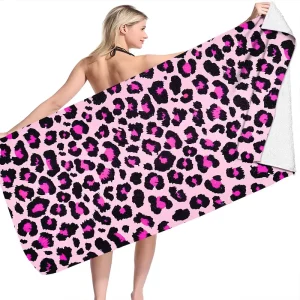 Custom Absorben Microfiber Double sided Fleece Soft Beach Swimming Bath Towel Leopard Pink Print Towel Summer Beach Towel