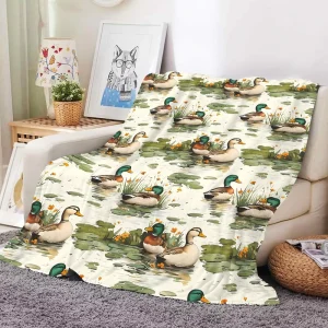 Custom All Over Repeat Print Mallard Ducks Lily Pads Water Reeds Sofa Armchair Soft Warm Flannel Throw Blanket for Home Decor
