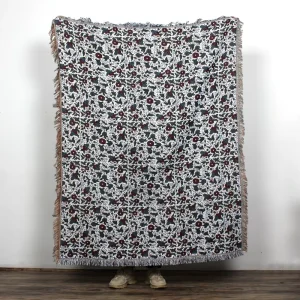 Custom Allover Floral Jacquard 35% Cotton 65% Polyester Blend Tapestry Decorative Woven Throw Blanket with Tassel