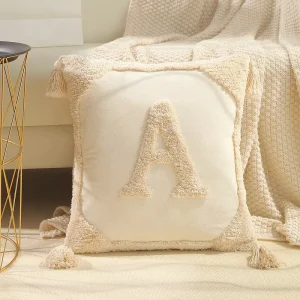 Custom Alphabet Pattern Tufted Embroidered Throw Pillow Cover Decorative Home Letter Tassel Tufted Cushion Cover