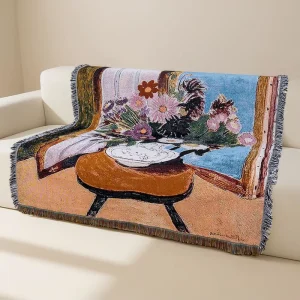 Custom American Style Floral Artwork Design Woven Rectangular Throw Blanket Polyester Cotton Anti-Pilling Four Seasons Use