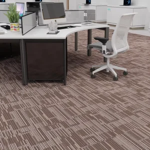 Custom Anti-static Warm Brown Textured Carpet Tiles Irregular Vertical Lines Layered Design Original Wood Style for Commercial