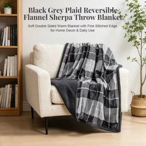 Custom Black White Plaid Sherpa Blanket Soft Warm Premium Buffalo Check Plaid Flannel & Thick Warm Fluffy Sherpa Cozy