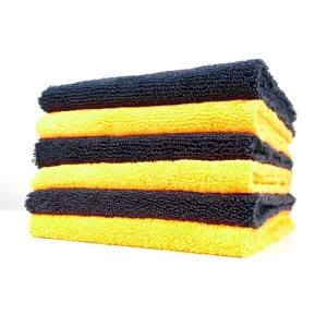 Custom Black Yellow 350GSM All Purpose Edgeless Dual Pile Reusable Car Wash Cleaning Cloth Auto Detailing Microfiber Towels