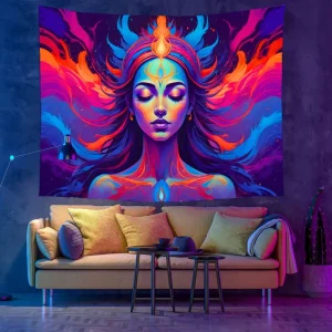 Custom Blacklight Posters Space Mountain UV Reactive Sun Nature Forest Tapestries Wall Hanging for Living Room Dorm