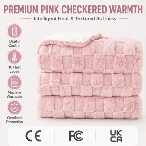 Custom Blush Pink Checkered Coral Fleece Sherpa Electric Throw Blanket 50×60 Inch Digital Control Safe Warm