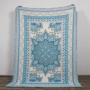 Custom Bohemia Jacquard Throw with Tassel 100% Recycled Cotton Blue Woven Tapestry Blanket 130x160cm Four Seasons Hotel Use