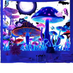 Custom Bohemian Psychedelic Mushroom Tapestry UV Reactive Wall Hanging Glowing LED Light Effect Party Room Decor Art Display