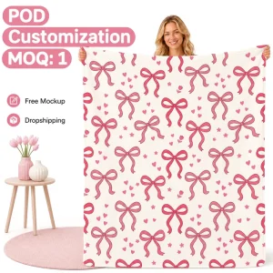 Custom Bow Print Flannel Sherpa Blanket 50×60 Inch Double Layer Warm Fleece Throw Personalized Sublimation Blanket MOQ 1