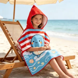 Custom Brand logo Seaside Shop Swim Surf Ponchos Portable Wearable Kids Bath Towels Cartoon Hooded Beach Towel Poncho