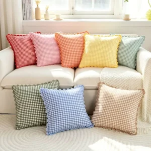 Custom British Nordic Yarn-Dyed Gingham Cushion Covers Bohemian Ric Rac Trim Decorative Throw Pillows for Sofa Home Decor