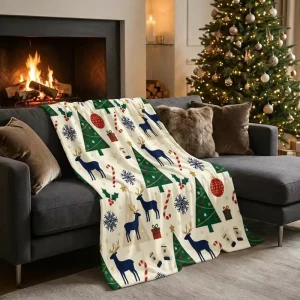 Custom Christmas Flannel Blanket 280GSM Printed Reindeer Pattern Soft Warm Fleece Throw for Sofa Bed Holiday Gift Decoration