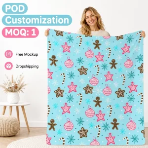 Custom Christmas Gingerbread Sherpa Blanket 50×60 Inch Double Layer Warm Flannel Fleece Throw Holiday Gift Home Decor MOQ 1