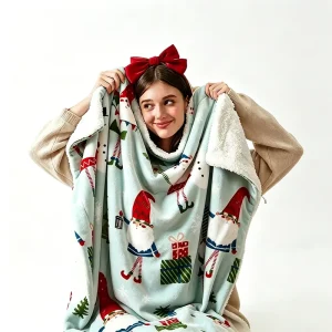 Custom Christmas Gnome Sherpa Blanket Soft Warm Ultra Soft Printed Flannel Cozy Fluffy Warm Sherpa Fleece Throw Cozy