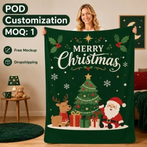 Custom Christmas Sherpa Blanket MOQ 1 Double Layer Flannel Fleece Throw Personalized Santa Reindeer Blanket