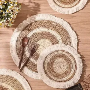 Custom Classic Eco Friendly Natural Woven Straw Heat Resistant Non Slip Round Placemats for Table Mats