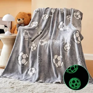 Custom Classic Soccer Print Decorative Luminous Bed Throw Blanket Gray Polyester Soft Warm Flannel Fleece Glowing Blankets