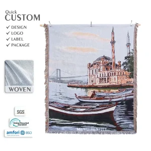 Custom Coastal City Landscape Woven Tapestry Blanket Vintage Harbor Scene Tapestry Throw Blanket