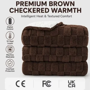 Custom Coffee Brown Checkered Coral Fleece Sherpa Electric Throw Blanket 50×60 Inch Digital Control Safe Warm