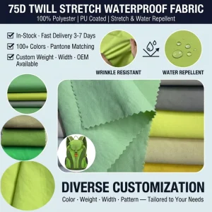 Custom Color 75D Twill Stretch Water Repellent Polyester Waterproof Fabric for Sportswear Bags Backpacks Outdoor Jackets