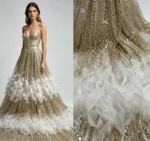Custom Color Champagne Gold Shimmer Vertical Sequin Tulle Fabric With Tiered White Ostrich Feather Lace for Bridal Dress