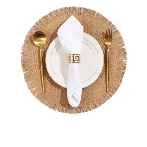 Custom Color Logo Heat Resistant Farmhouse Woven Dining Table Place Mats Boho Fringe Rattan Round Braided Placemats