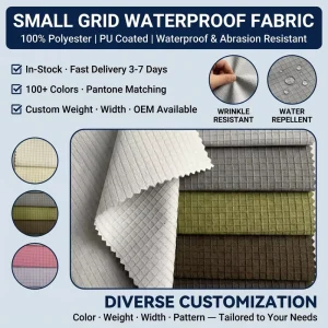 Custom Color Small Grid Wrinkle Resistant Polyester Waterproof Fabric for Bags Backpacks Luggage Tents Outdoor Gear