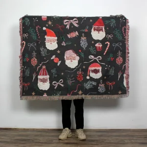 Custom Colored Santa Claus Jacquard Woven Throw Tassel Four Seasons Portable Folded Christmas Gift Cotton Blend Tapestry Blanket