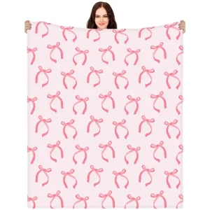 Custom Coquette Pink Bow Blanket Flannel Throw Pink Bow Ribbon Winter Blanket Couch Sofa Soft Warm Bed Blanket