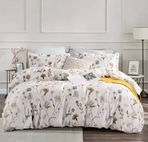 Custom Cotton Comforter Set White Blue Printed Flowers Alternative 3 Piece Bedding Set Water Resistant Anti Dust Mite 200TC