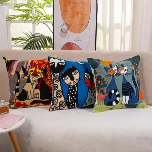 Custom Cotton Embroidery 18 X 18 Inches Lovely Cat Pattern Throw Blue Pillow Cover