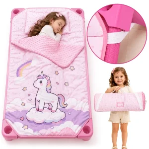 Custom Daycare Nap Mat with Fitted Cot Elastic Straps for Preschool Bed Minky Blanket & Pillow Pink Unicorn Sleep Pad for Girls