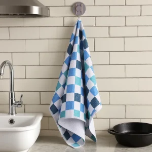 Custom Design Blue Grid Printed Quick Drying Waffle Microfiber Woven Tea Kitchen Towel Home Use Soft Hand Feeling