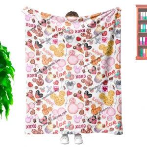 Custom Designed Cartoon Minky House Head Love Xxxoo Cookies Double Sided Plush Throw Blanket for Home Travel Valentine’s Day