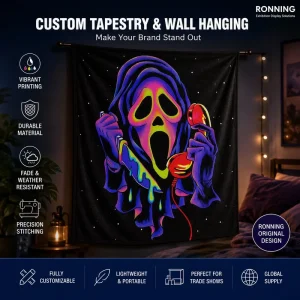Custom Designed Hanging Cloth Tapestry UV Blacklight Skull Neon Plants Trees Tapestry Printed Hanging Decoration for Bedroom