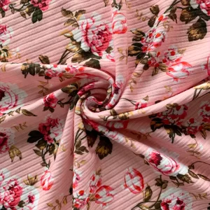 Custom Digital Flower Printed Polyester and Spandex Knitted Pink Rib Fabric Stretch Jersey Rib Fabric