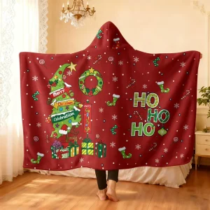 Custom Digital Printed Flannel Hoodie Blanket Santa Merry Christmas Soft Warm Blanket for Winter and Holiday Use